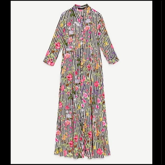 Zara women's maxi shirt dress striped floral - Picture 3 of 16